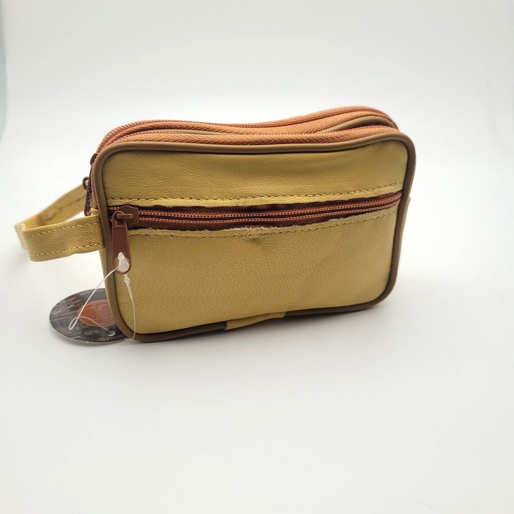 Mustard Yellow Leather Travel Wristlet Double Zip Small Organizer Pouch NWT Soft